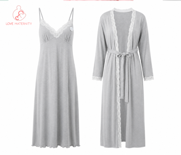 Women's Long Sleeve Lace Trim Robe And Spaghetti Strap